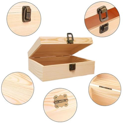 Wooden Box with Hinged Lid - 8x6x3 Inch Unfinished Wood Box for Crafts DIY | Plain Natural Solid Pine Storage Box with Clasp for Jewelry, Art Supplies, Keepsake Desk Organization and Gift Decor