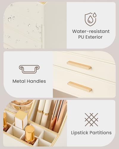 Lolalet Makeup Organizer for Vanity Desk, 3-Layer PU Leather Luxury Make Up Storage Cosmetics Holder Box with Drawers -Beige - size: 3-Layer