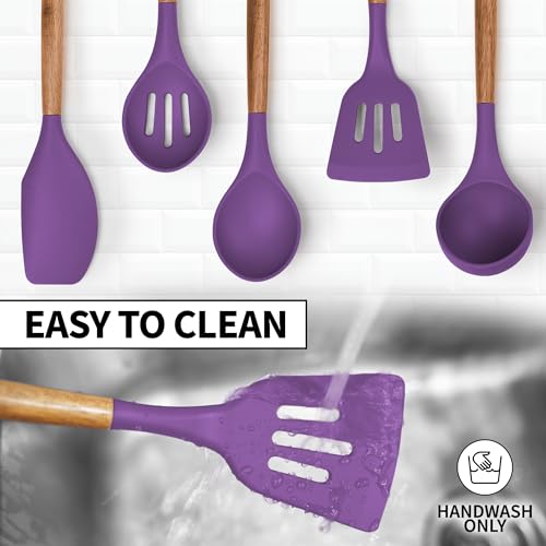 Zulay Kitchen 5 Piece Silicone Utensil Set | Non-Stick Silicone Cooking Utensils Set with Acacia Wood Handles - 464°F Heat Resistance Kitchen Utensils Set - Purple - color: Purple, size: 5-Piece Set