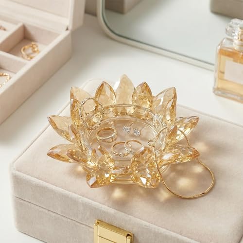 Crystal Flower Jewelry Tray, Luxury Transparent Decorative Trinket Dish for Rings, Earrings, Necklaces, Keys for Vanity Dresser Nightstand, Elegant Gift for Women Mother's Day (1, 6.3"(W)- Gold) - size: 6.3"(W)- Gold