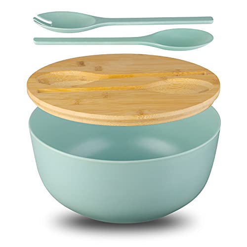 Bamboo Fiber 10 ″ Large Salad Serving Bowl Set with Wooden Lid & Servers, 3.5Qt Big Bowl with Utensils for Mixing Salad,Fruit,Pasta,Lightweight & Dishwasher Safe,, Ideal Gift for Home - Teal Color - color: Turquoise, size: 9.84 inch