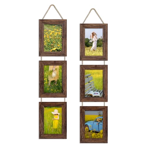 4x6 Collage Picture Frames Set of 2, Rustic Wooden Real Glass Vertical Hanging 3 Opening 4 by 6 Photo Frame, Distressed Brown - color: Distressed Brown, size: Vertical-4x6 in