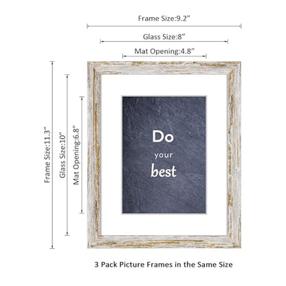 Rustic Distressed Retro Style White Frame 8x10 Picture Frame Set of 3 with Real Glass for Pictures 5x7 with Mat or 8x10 Without Mat, Wall Gallery or Tabletop display - size: 8x10(set of 3)