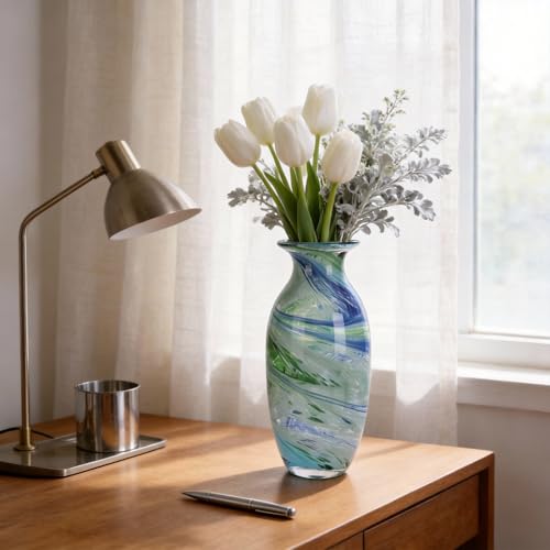 Hand Blown Glass vase, Blue Green Wide Mouth vase, Contemporary Glass Art Suitable for Display on Living Room Dining Tables, in Offices, bathrooms, Coffee Tables and hallways. - color: B-blue Veins