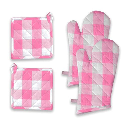 Buffalo Plaid Check Oven Mitts and Pot Holders Set, 100% Cotton, Heat Resistant, 2 Oven Gloves (7x13 Inches) and 2 Hot Pads (8x8 Inches) for Cooking and Baking, Rose Pink White - color: Rose Pink, Buffalo Plaid