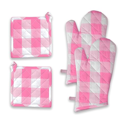 Buffalo Plaid Check Oven Mitts and Pot Holders Set, 100% Cotton, Heat Resistant, 2 Oven Gloves (7x13 Inches) and 2 Hot Pads (8x8 Inches) for Cooking and Baking, Rose Pink White - color: Rose Pink, Buffalo Plaid