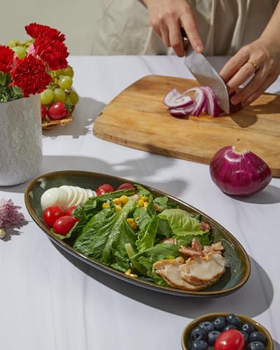 12.8" Oval Serving Platters, Stoneware Party Tray Set for Entertaining, Microwave Safe Large Platter for Fruit/Cheese/Cookie/Sushi/Appetizer, Ceramic Serving Trays Plates of 4, Aurora Green - size: Oval