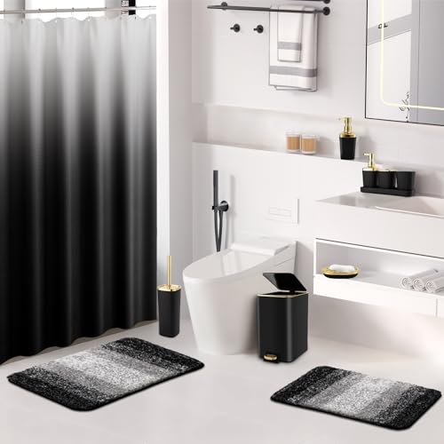 Bathroom Sets with Shower Curtain and Rugs Bathroom Accessories Set Black Bathroom Set,Soap Dispenser & Toilet Brush Holder Set with Stainless Steel Trash Can(23 PCS) - size: Black, style: Bath Set+Ombre Waffle Shower Curtain+Bath Rugs