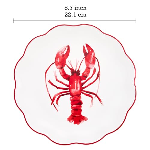 Bico Ocean Wonders Scalloped Salad Plates Set of 4, 8.75 Inch Ceramic Dessert Plates for Salad, Appetizer, Side Dishes, Microwave and Dishwasher Safe, Gift for Housewarming and Christmas - color: Ocean Creatures