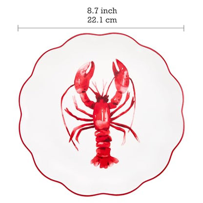 Bico Ocean Wonders Scalloped Salad Plates Set of 4, 8.75 Inch Ceramic Dessert Plates for Salad, Appetizer, Side Dishes, Microwave and Dishwasher Safe, Gift for Housewarming and Christmas - color: Ocean Creatures