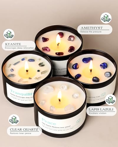 AOOVOO Crystal Calm Candles Set for Women - Soy Candle for Home Scented | 4 Pack 26 oz, 200 Hour Long Lasting Candle, Peace Clear Quartz/Tranquility Kyanite/Calm Amethyst/Serenity Lapis Lazuli - color: Calm Candles Set