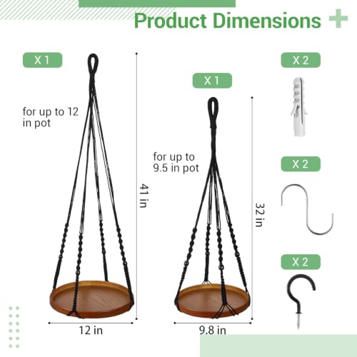 2 Pack Macrame Plant Hanger, 41'' & 32'' Plant Hanger Indoor Set with 12'' & 9.8'' Wood Trays, Bohemian Hanging Planter with Hooks for Living Room Window, Home Decor