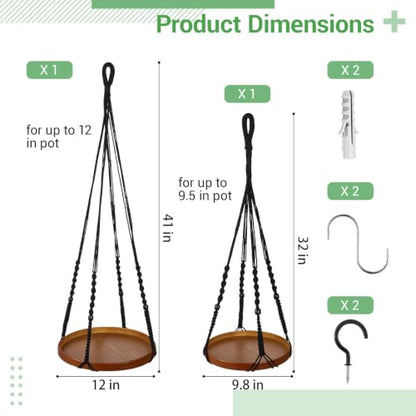 2 Pack Macrame Plant Hanger, 41'' & 32'' Plant Hanger Indoor Set with 12'' & 9.8'' Wood Trays, Bohemian Hanging Planter with Hooks for Living Room Window, Home Decor