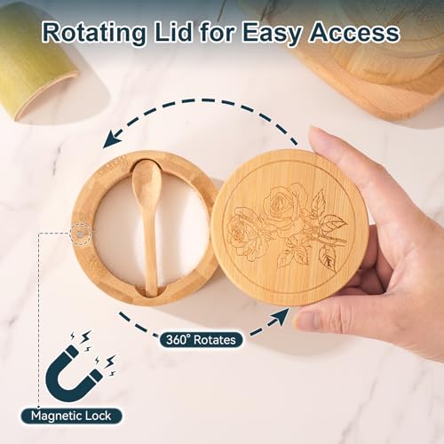 Salt Cellar, 2PCS Salt Container Bamboo Salt and Pepper Box for Countertop with Built-in Spoon & Swivel Lid, Spice Seasoning Storage Bowl, Elegant Salt Holder (Rose & Bird Engraving) - color: Bamboo Bird and Rose Set