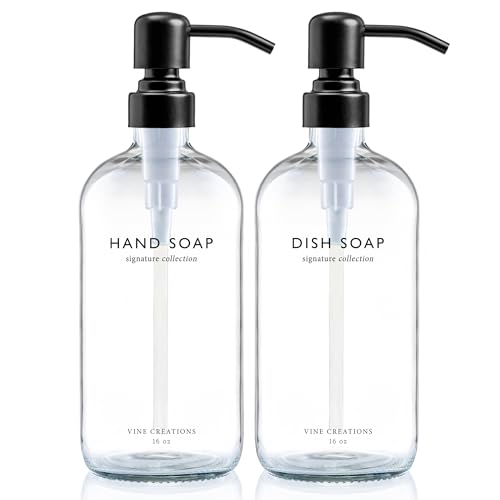 Vine Creations Clear Glass Soap Dispenser Set, Dish Soap and Hand Soap Dispenser Set with Stainless Steel Pump, 16 oz Glass Dispensers for Kitchen Bathroom Decor (Clear Bottle/Matte Black Pump) - color: Clear Bottle / Matte Black Pump