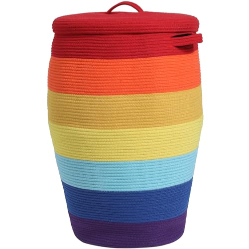 26"x20" Extra Large Tall Woven Laundry Basket with Lid, Cotton Rope Blanket Storage Basket, Freestanding Decorative Bin for Bedroom Living Room, Rainbow Multicolor - color: Rainbow, size: 26"x20"