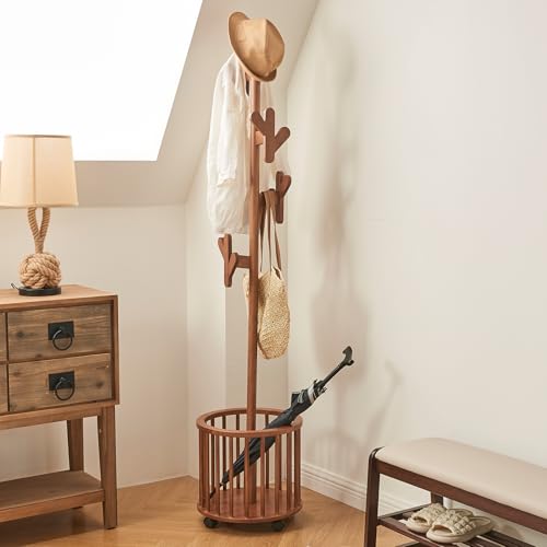 Uniclinens Solid Wood Coat Rack Freestanding with Umbrella Holder, Tree Coat Rack Stand with Lockable Universal Casters & 12 Hooks for Entryway Bedroom, Walnut - color: Walnut, size: Coat Tree