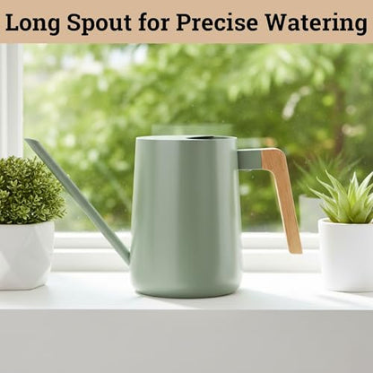 Metal Small Indoor Watering Can with Long Spout & Real Wood Handle, 35oz | Long Spout, Stainless Steel, Real Wood Handle, Gentle Flow, No Spills, Suitable for House Plants, Succulents & Seedlings - color: Sage Green