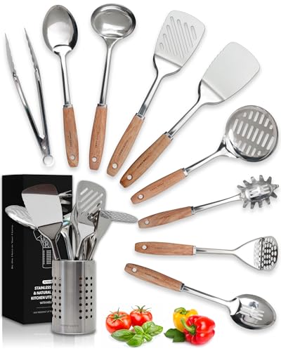 Home Hero 10-Piece Stainless Steel Kitchen Utensil Set with Wooden Handle | Ergonomic Wood Handle Stainless Steel Kitchen Utensils - Rust-Resistant, Nonstick Safe with Storage Holder (10-Piece) - size: 10 pieces