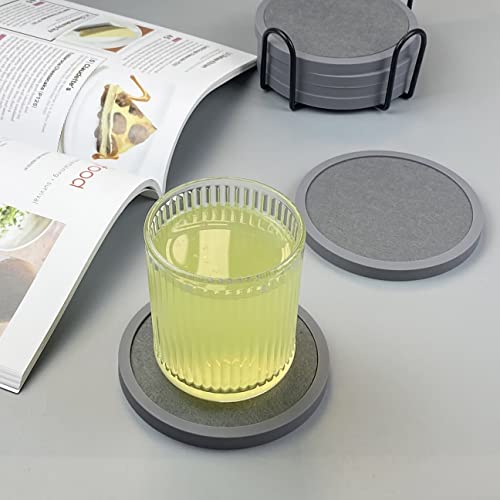 Absorbent Coasters for Drinks with Holder - 6packs, Silicone Coaster with Soft Felt Insert (4.3 inch Coasters with 4.5 inch Holder, Grey) - color: Gray
