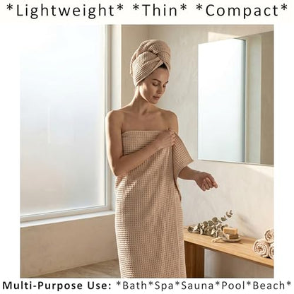 PÜSKÜL 2-Piece Natural 100% Turkish Cotton Waffle Bath Towels Extra-Large | Beige, 32x63" Bath Sheet Towel, Light Soft Absorbent Quick-Dry Lint-Free Premium Honeycomb Weave Oeko-Tex Made in Turkiye - color: Beige
