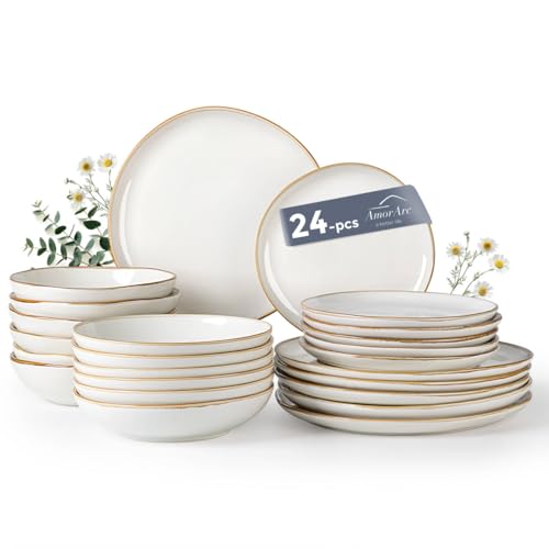 AmorArc Ceramic Dinnerware Sets for 6, 24Pcs Plates and Bowls Sets Dishes | Stoneware Handmade Reactive Glaze Dinner Set, Highly Scratch Resistant | Dishwasher & Microwave Safe Dishware - color: Pearl White, size: Service for 6(24Pcs)