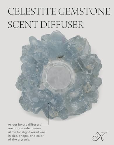 KALIFANO Luxury Glass and Celestite Crystal Diffuser with Decorative Selenite Reeds - Premium Fragrance/Aroma Diffuser Bottle with Healing Effects (Essential Oils Not Included) - color: Celestite