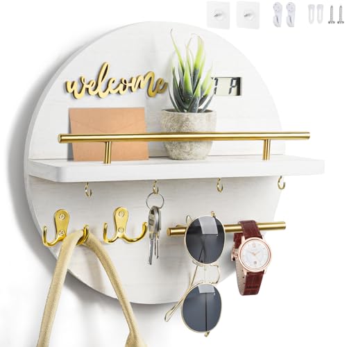 Key Holder for Wall, Key and Mail Holder Organizer with - Key Holder Wall Mount - Round Wooden Rustic Home Decor for Entryway, Mudroom, Hallway, Kitchen Office (White) - color: White