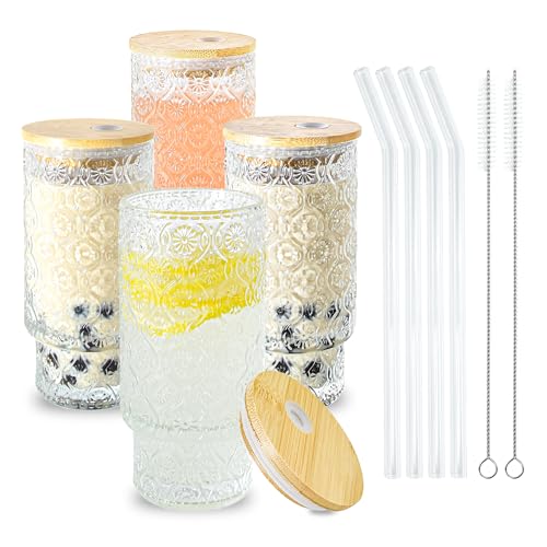 Glass Cups with Lids and Straws 16 oz Begonia Drinking Glasses Set | Vintage Sunflower Drinking Glasses with Bamboo Lid, Stackable Glass Tumbler for Water Cocktails Lemonade Home Kitchen - color: 16oz Begonia*4, size: 16oz