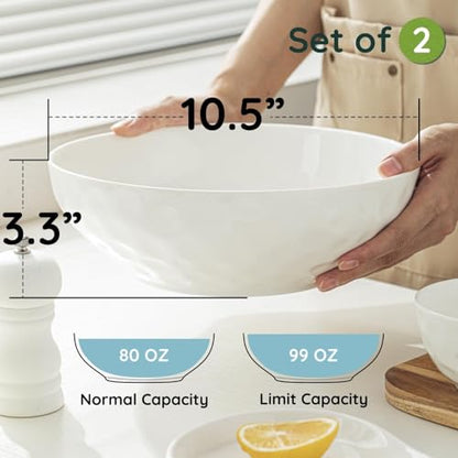 HOMBENE Large Pasta Bowls Set of 2, 10 Inch Pasta Serving Bowl Dinner Bowls, Kitchen Bowl Set, Microwave and Dishwasher Safe, Scratch Resistant, Set of 2 - color: White, size: 10.5 IN