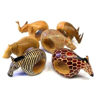 Mahogany Wood Animal Napkin Rings Set of Six - Handmade Wooden Napkin Rings - color: Assorted Animals