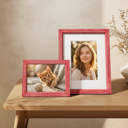 Vittanly Solid Wood 8x10 Picture Frames Set of 4, Distressed Red | 5x7 Picture Frame with Mat, Gallery Wall Frame Set, 8 x 10 Frame for Wall & Tabletop Display, Family, Pet, Christmas - color: Distressed Red, size: 8x10