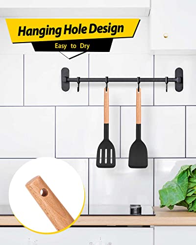 Pack of 2 Silicone Cooking Spatula, Heat Resistant Solid Turner, Non Stick Slotted Spatulas with Wooden Short Handle,Ideal Wood Kitchen Utensils Set for Frying, Baking, Flipping, Turning - color: Black