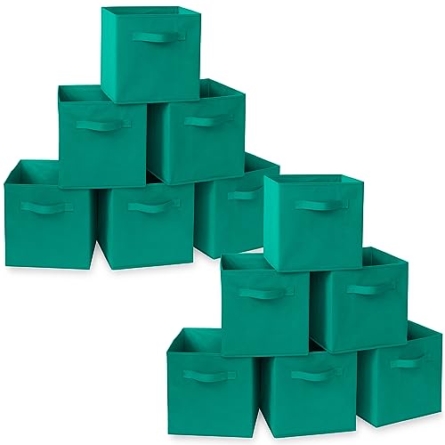 Casafield Set of 12 Collapsible Fabric Cube Storage Bins, Teal - 11" Foldable Cloth Baskets for Shelves, Cubby Organizers & More - color: Teal, size: 10.5" x 10.5" x 11"