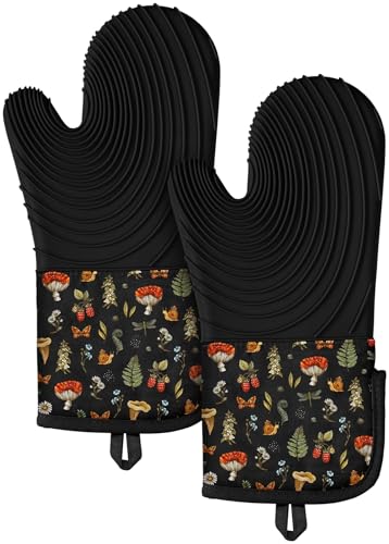 Slohif Long Silicone Oven Mitts Heat Resistant for Women - 2 Pcs Black Mushroom 100% Cotton Oven Gloves, Non-Slip and Waterproof Silicone Oven Mitts with Hanger for Baking and Cooking - color: Black Mushroom
