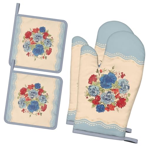 4 PCS Cotton Oven Mitts and Pot Holders Sets,Pioneer Flower Oven Gloves Heat Resistant Colorful Kitchen Mitts Hot Pads,Kitchen Decor for Women Cooking Baking Grilling BBQ (Light Blue Red Flower) - color: Light Blue Red Flower
