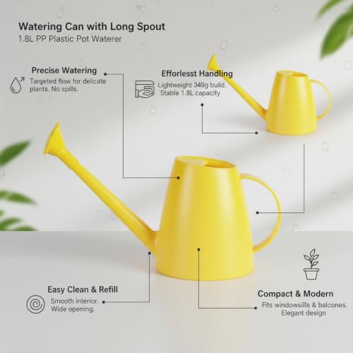 1.8L Long Spout Watering Can for Indoor Plants, Durable PP Plastic Pot Waterer with Precise Flow Control for Home Garden, Balcony & Windowsill - color: Yellow