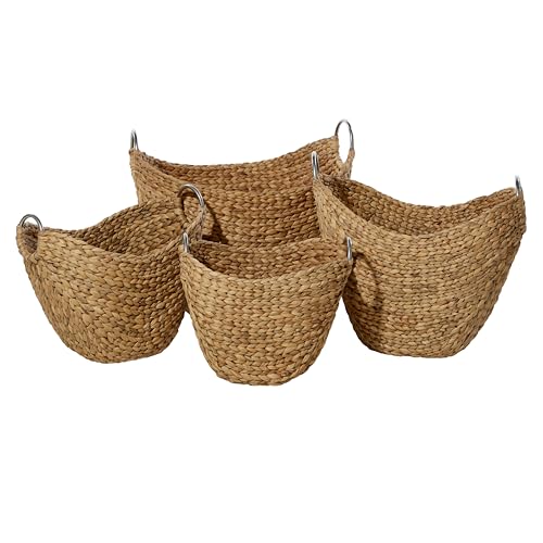 Deco 79 Seagrass Handmade Decorative and Functional Storage Basket Woven Curved Basket Organizer with Silver Metal Handles, Set of 4 Basket for Storage 14", 16", 19", 21"W, Brown | Decorative And Functional Handmade Woven Curved Basket Organizer With Silv