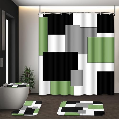 Bathroom Sets with Shower Curtain and Rugs, 4 Pcs, Geometric Sage | Modern Checkered Abstract Bathroom Decor Set with Toilet Lid Cover, Non-Slip Bath Mats and Accessories 12 Hooks - color: Abstract Geometric Sage Green