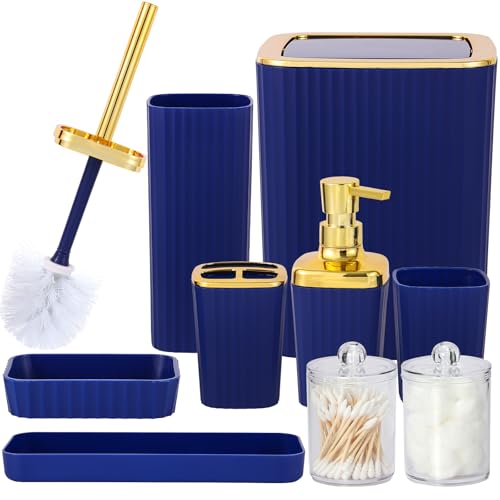 9 PCS Navyblue Bathroom Accessories Set with Trash Can Bathroom Accessory | All-in-One Kit with Trash Can,Toothbrush Holder,Soap Dispenser,Toothbrush Cup,Vanity Tray,Soap Dish,Toilet Brush etc for Home - color: Navy Blue