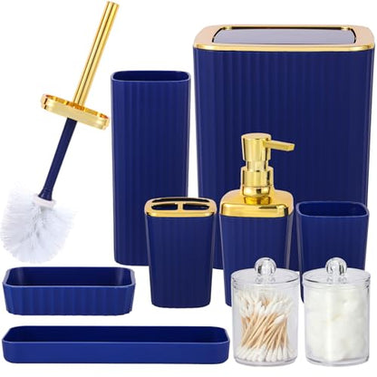9 PCS Navyblue Bathroom Accessories Set with Trash Can Bathroom Accessory | All-in-One Kit with Trash Can,Toothbrush Holder,Soap Dispenser,Toothbrush Cup,Vanity Tray,Soap Dish,Toilet Brush etc for Home - color: Navy Blue