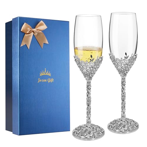Silver Champagne Flutes -His and Hers,Wedding Toasting Glasses for Engagement Celebrations, Bridal Shower and Registry Idea, Tall Wine Glasses for Bride and Groom Gifts,7oz (Chrome) - color: Chrome