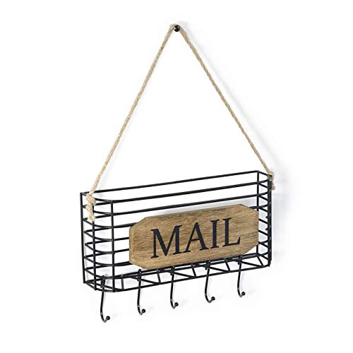 SRIWATANA Mail Organizer Wall Mount, 5 Key Hooks, Small, Carbonized Black | Rustic Mail & Key Holder for Wall, Hanging Mail Sorter, Letter Basket for Receipts Bills Envelopes, Home & Office Organizer - color: Carbonized Black, size: Small