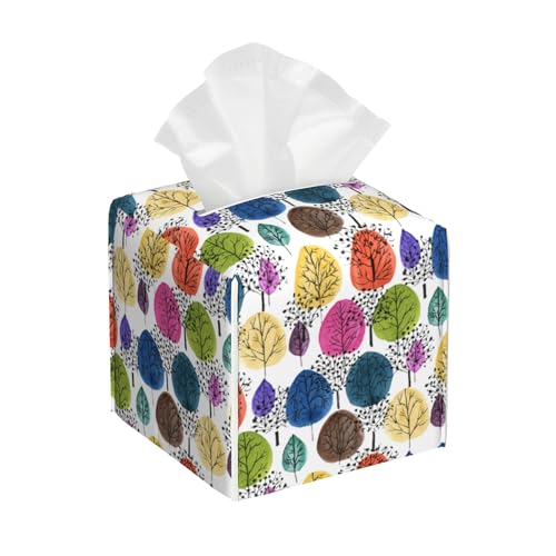 Colorful Abstract Trees Tissue Box Cover Square, Tissue Box Holder with Bottom Belt Leather Facial Paper Organizer Dispenser for Bathroom Bedroom Dresser Night Stand Tabletop - color: Colorful Abstract Trees
