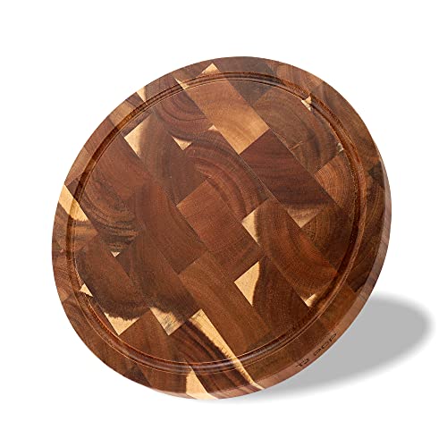 End Grain Butcher Block Round 12 IN, Premium Acacia Wood Cutting Board with Juice Groove, TJ POP Medium Chopping Board for Kitchen, 1 IN Thick - color: End grain-round