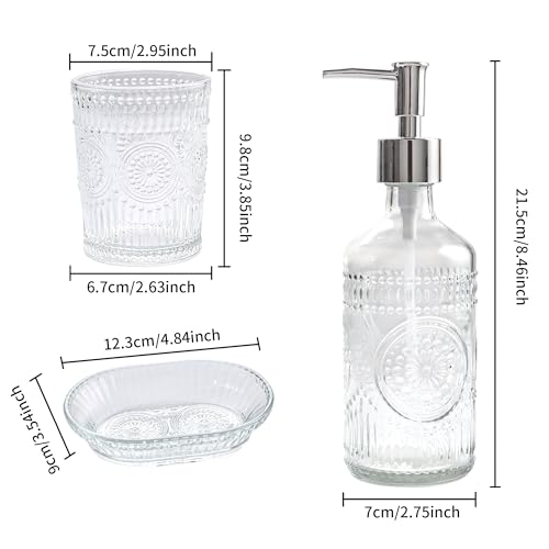 FEILANDUO 3Pcs Glass Bathroom Accessories Set, Lotion & Soap Dispenser, Toothbrush Holder, Soap Dish, Modern Bathroom Countertop Decor for Home, Housewarming Gift (Clear, 3 Pcs Bathroom Set)