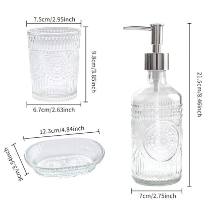 FEILANDUO 3Pcs Glass Bathroom Accessories Set, Lotion & Soap Dispenser, Toothbrush Holder, Soap Dish, Modern Bathroom Countertop Decor for Home, Housewarming Gift (Clear, 3 Pcs Bathroom Set)