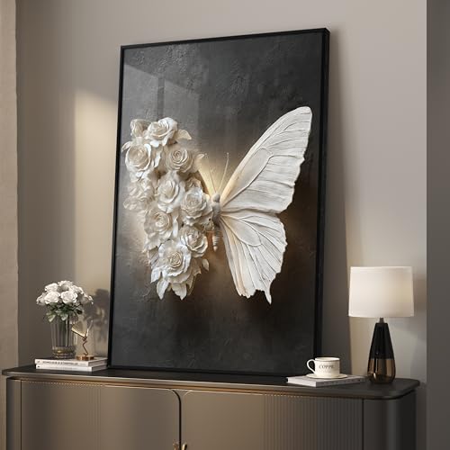 Large Framed Modern Black and White Wall Art, Contemporary Black Prints Paintings Artwork, White Elegant Butterfly and Floral Wall Pictures for Living Room Dining Bedroom Hallway Wall Decor 24x36 In - color: Black White Butterfly