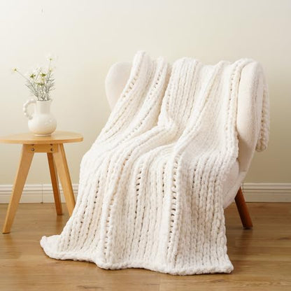 Chunky Knit Throw Blanket for Couch, White Knit Throw Blanket, 50"x60" | Handmade Cable Knit Crochet Blanket, Soft Thick Knot Knitted Throw Blankets for Bed Sofa ,Cream Neutral Blanket Throw - color: Cream