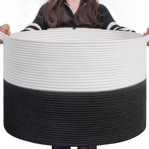 INDRESSME XXXLarge Woven Rope Blanket Basket Living Room White Black, 90L | 21.7" x 13.8" Storage baskets for toys laundry & pillows. Fits living room, bedroom or nursery décor. Soft-touch with handles - color: White & Black, size: 21.7"D x 13.8"H